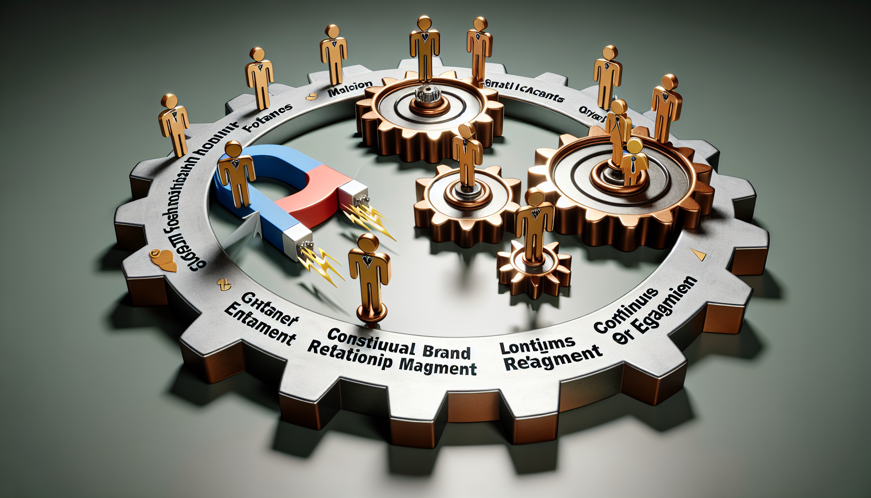 CRM process diagram with gears transforming leads to loyal, golden brand advocates through personalization and engagement.