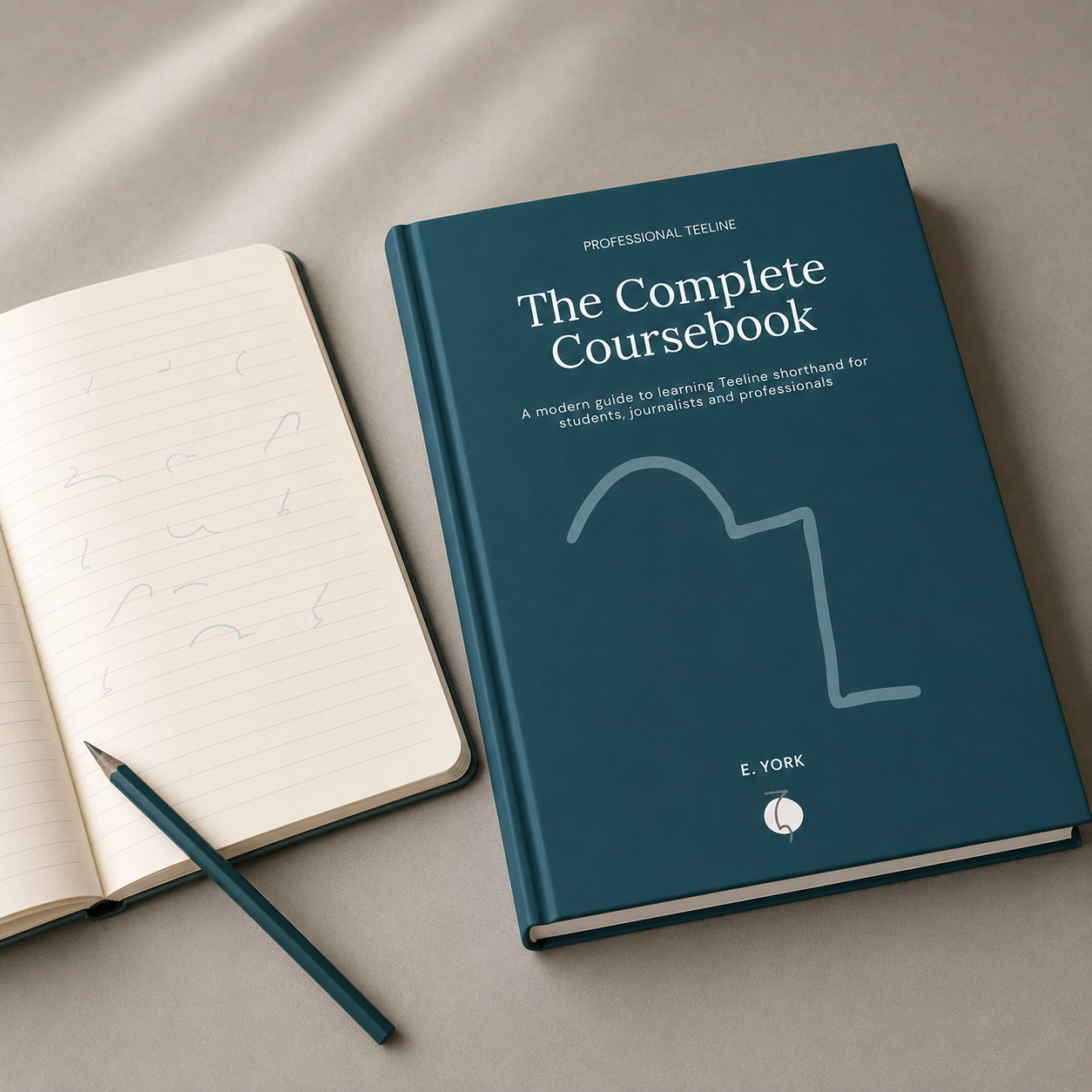 Professional Teeline coursebook beside a shorthand notebook