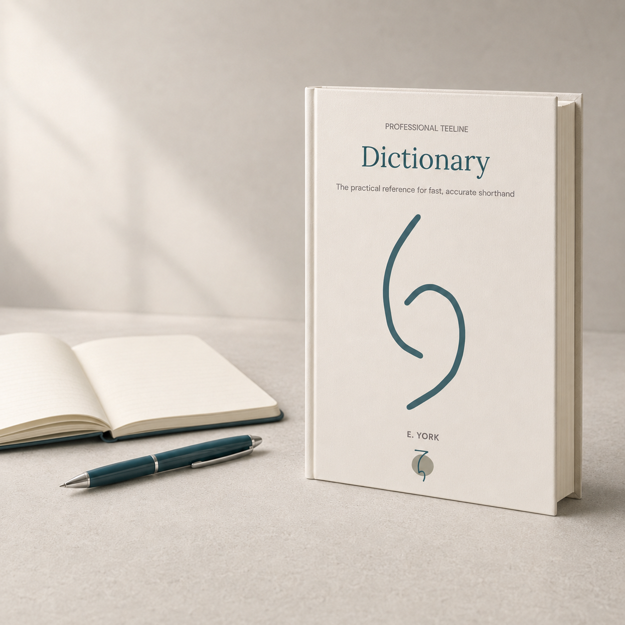 Professional Teeline Dictionary standing beside an open notebook