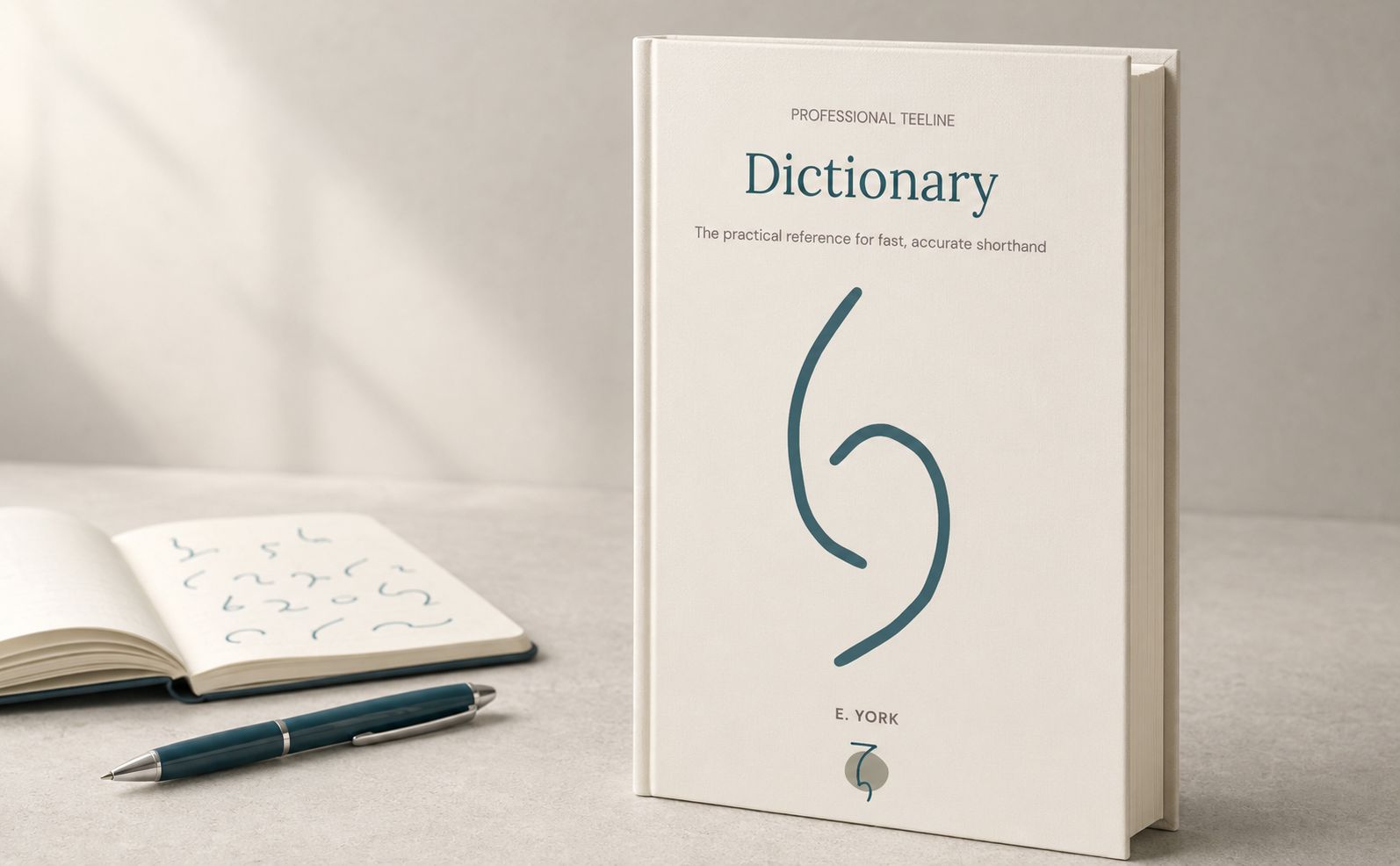 Professional Teeline Dictionary beside a notebook of shorthand outlines