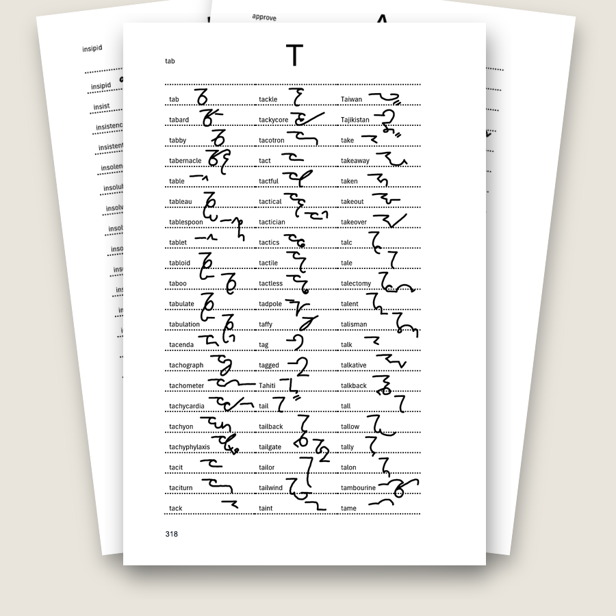 Alphabetical entries and shorthand outlines inside the Professional Teeline Dictionary