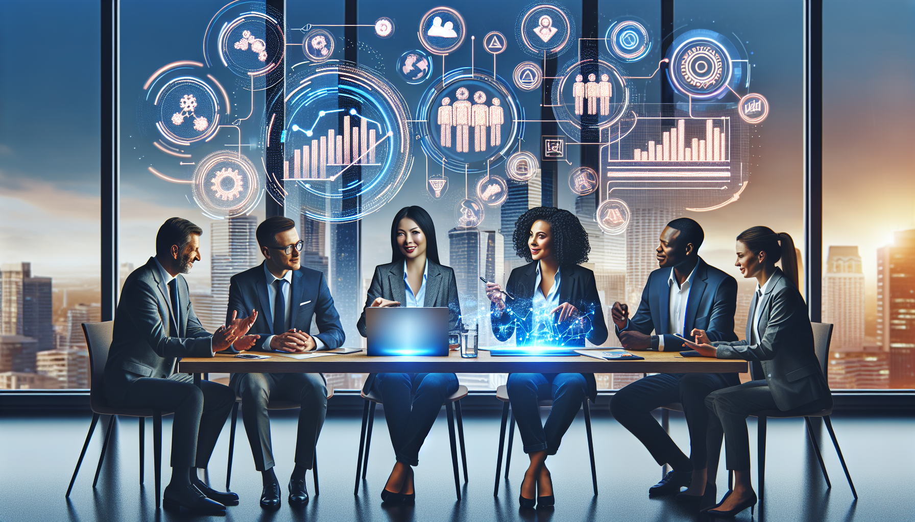 Diverse entrepreneurs discussing CRM trends with tech devices projecting holographic graphs and symbols.