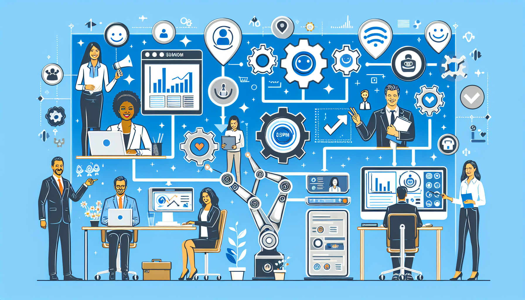 Illustrate a diverse small business setting showing teamwork, CRM tools, automation, and positive customer feedback.