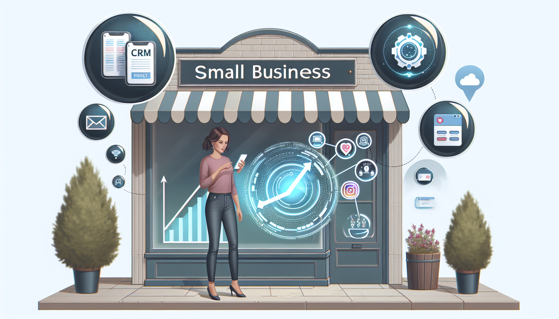 Caucasian woman at storefront explores CRM automation hologram from smartphone, symbolizing business growth.