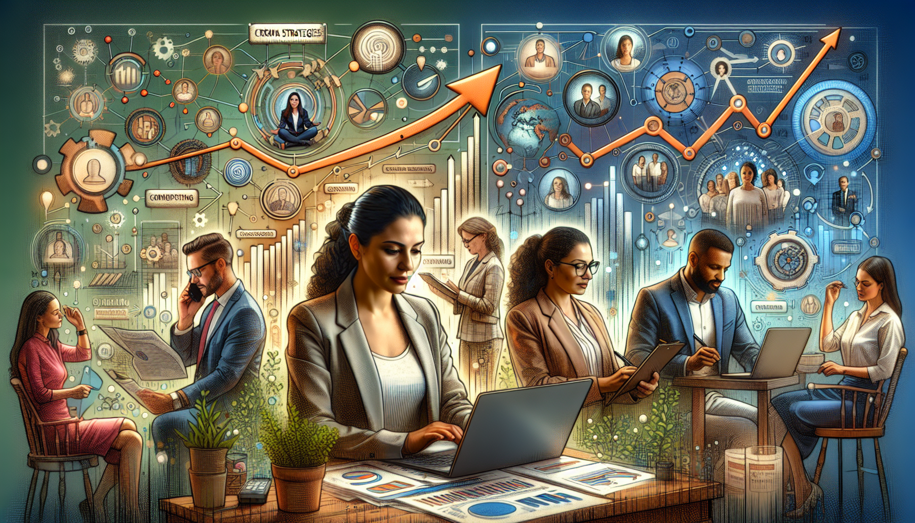 A vibrant business setting with diverse entrepreneurs, CRM strategies, and growth-focused symbols.