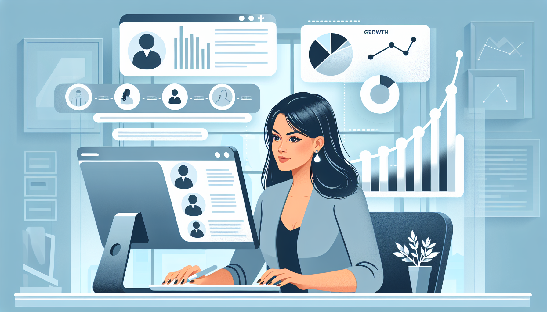 Design a cover image showing a Middle Eastern woman using CRM software, signifying business growth.