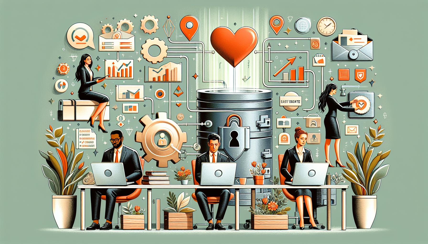 Create a detailed image of solopreneurs using CRM, featuring automation, loyalty, security, and growth symbols.