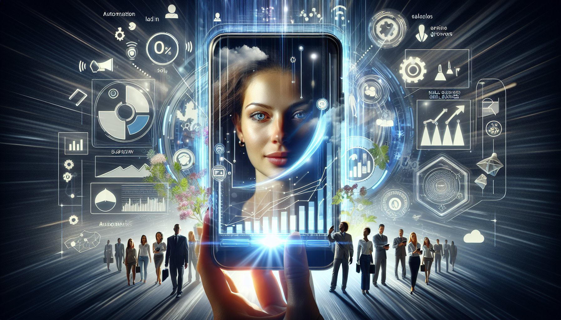 Futuristic smartphone with CRM growth dashboard, automation icons, and diverse entrepreneurs celebrating sustainable business success.
