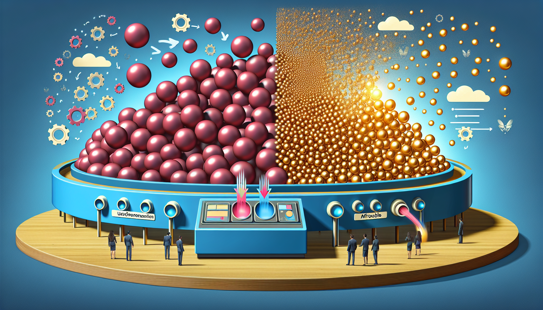 Azure CRM machine transforming chaotic maroon leads into organized golden loyal customers, highlighting simplicity and affordability.