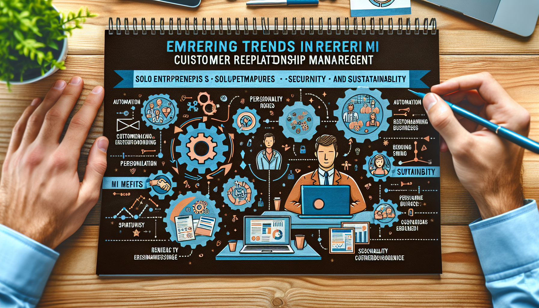 Create an image showing CRM trends: automation, personalization, security, sustainability, benefiting solo entrepreneurs, startups, and small businesses.